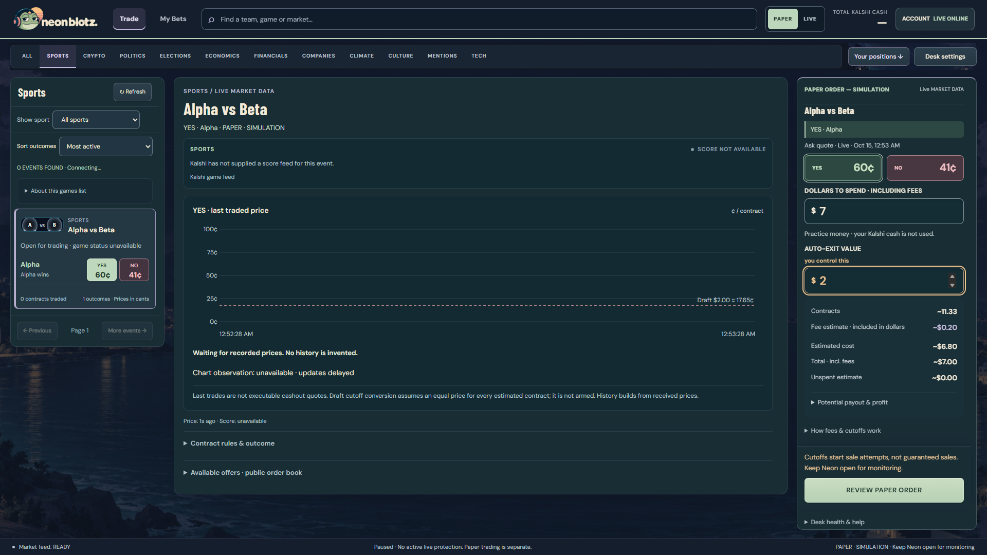 Neon Blotz Windows desktop with the synthetic Alpha vs Beta market and a paper order ticket. Displayed prices and connection labels are test fixtures.