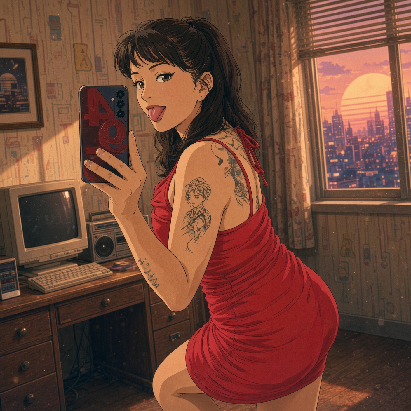 Retro anime-style portrait with warm sunset colors, shared as photo-editing inspiration